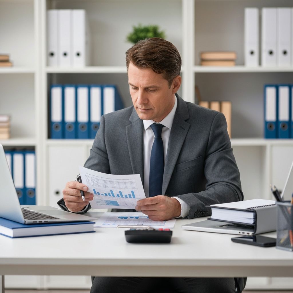 Professional accountant managing financial documents and bookkeeping records