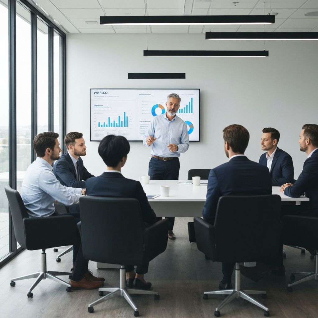Executive CFO presenting financial strategy in professional boardroom meeting