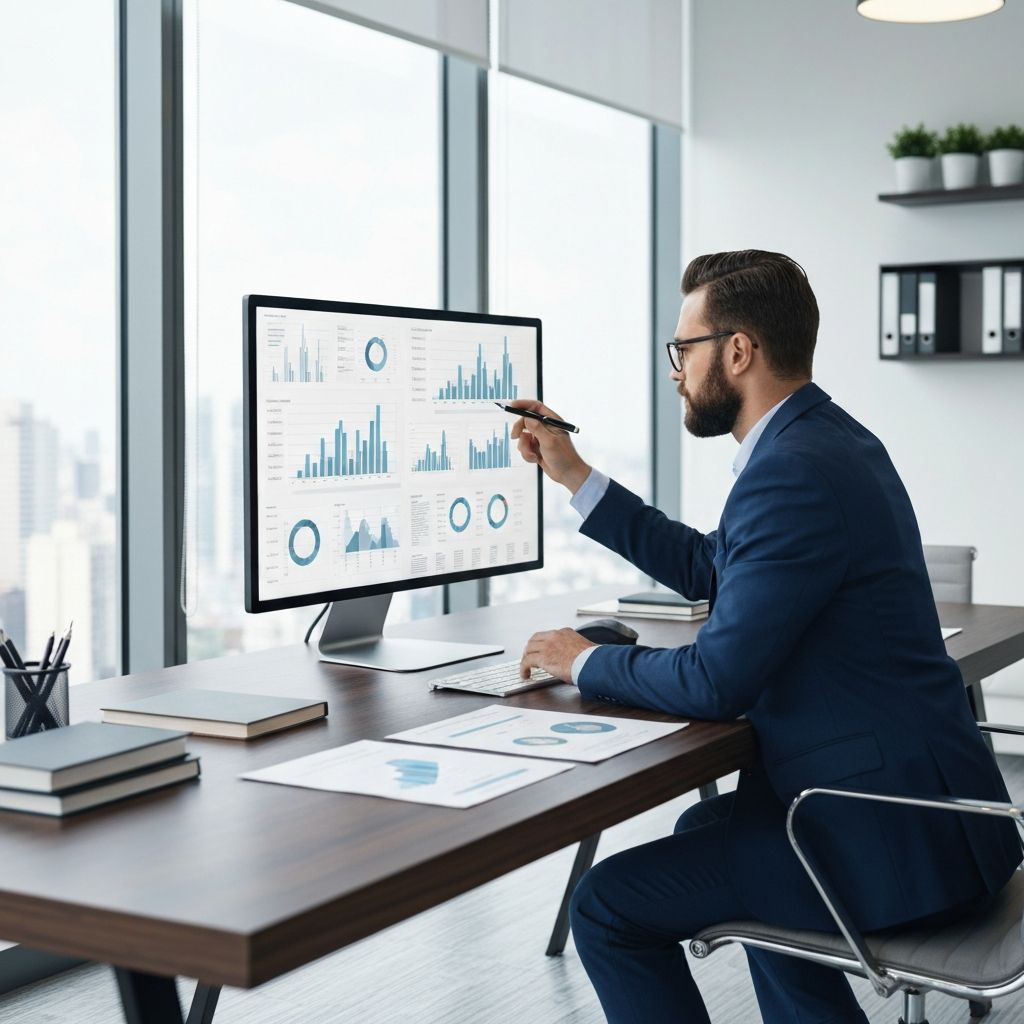 Financial analyst reviewing data visualizations and business performance charts